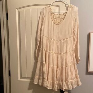 Cream Lace-Trimmed Long Sleeve Dress